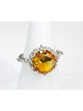 Ring Bomb Party Ring size 6 yellow round stone silver color band CZ like accents